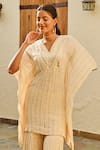 Shop_Palak & Mehak_Ivory Rayon Crepe Lurex Gota Stripe V Neck Mira Kaftan Top With Sharara _Online_at_Aza_Fashions