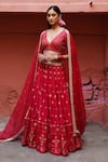 Deep Thee_Red Silk Embroidery Boota Deep V Neck Zardozi Bridal Lehenga Set _Online_at_Aza_Fashions