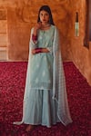 Karaj Jaipur_Blue Dupatta Chiffon, Kurta Chanderi, Sharara Cotton Flower Embroidered Set _Online_at_Aza_Fashions