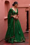 Deep Thee_Green Silk Embroidery Big Kalyani Booti Deep V Neck Stripe Bridal Lehenga Set _Online_at_Aza_Fashions