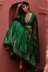 Shop_Deep Thee_Green Silk Embroidery Big Kalyani Booti Deep V Neck Stripe Bridal Lehenga Set _Online_at_Aza_Fashions