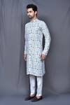 Adara Khan_Blue Kurta: Cotton Embroidered Geometric Pattern And Pant Set For Men_at_Aza_Fashions