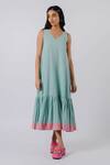 Tussah By Siddhi Shah_Green Cotton V-neck Tiered Color Block Dress _Online_at_Aza_Fashions