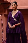 Deep Thee_Purple Chanderi Embroidery Phool Guccha V Neck Short Peplum Angrakha Set _Online_at_Aza_Fashions