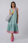 Shop_Tussah By Siddhi Shah_Green Cotton V-neck Tiered Color Block Dress _Online_at_Aza_Fashions