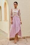 Palak & Mehak_Purple Rayon, Wool Pearls, Embroidery Freya Stripe Pattern Skirt Set With Cape _Online_at_Aza_Fashions