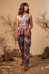 Label Reyya_Multi Color Polyester Printed Paisley V Neck Top And Pant Set _Online_at_Aza_Fashions