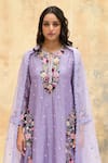 Label Niti Bothra_Purple Pure And Handwoven Banarasi Silk Embroidery Flower Vine Notched Kurta Set_Online_at_Aza_Fashions