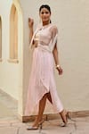Shop_Palak & Mehak_Pink Rayon, Crepe, Lurex Pearls Round Freya Stripe Woven Skirt Set With Cape _Online_at_Aza_Fashions