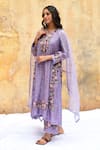 Label Niti Bothra_Purple Pure And Handwoven Banarasi Silk Embroidery Flower Vine Notched Kurta Set_at_Aza_Fashions