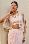 Palak & Mehak_Pink Rayon, Crepe, Lurex Pearls Round Freya Stripe Woven Skirt Set With Cape _at_Aza_Fashions