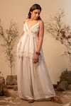 Label Reyya_Off White Rayon Lurex Printed And Embellished Geometric Stripe Top & Pant Set _Online_at_Aza_Fashions