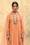 Label Niti Bothra_Peach Pure And Handwoven Banarasi Silk Embroidery Floral Bloom Notched Kurta Set_Online_at_Aza_Fashions