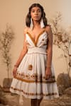 Label Reyya_White Cotton Embroidered Chain Stitch Plunge V Neck Lace Dress _at_Aza_Fashions