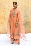 Shop_Label Niti Bothra_Peach Pure And Handwoven Banarasi Silk Embroidery Floral Bloom Notched Kurta Set_Online_at_Aza_Fashions