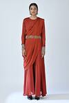 Sejal Kamdar_Red Crepe Silk Embroidered And Printed Cutdana Flared Draped Jumpsuit  _Online_at_Aza_Fashions