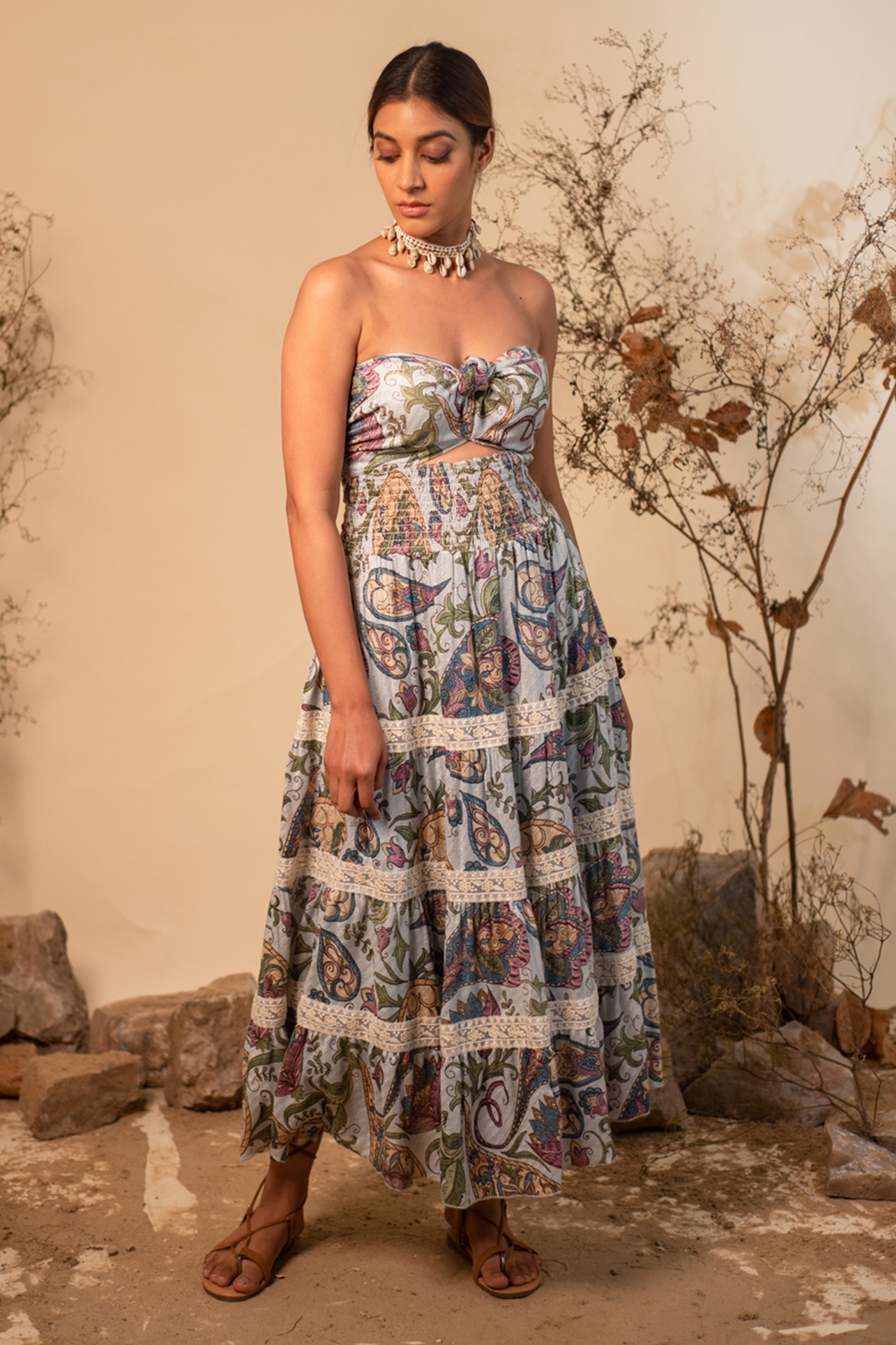 Label Reyya_Blue Rayon Lurex Floral Print Off-shoulder Dress_Online_at_Aza_Fashions