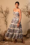 Buy_Label Reyya_Blue Rayon Lurex Floral Print Off-shoulder Dress_Online_at_Aza_Fashions