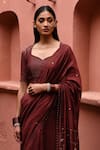 Deep Thee_Maroon Silk Embroidery Boota Leaf Neck Zardozi Saree With Blouse _Online_at_Aza_Fashions