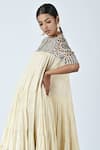 Sejal Kamdar_Beige Crepe, Satin Zari, Embroidery Round Neck Yoke Tiered Dress _Online_at_Aza_Fashions