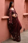 Deep Thee_Maroon Silk Embroidery Boota Leaf Neck Zardozi Saree With Blouse _at_Aza_Fashions