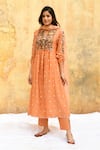 Shop_Label Niti Bothra_Peach Pure And Handwoven Banarasi Silk Polka Dot Gathered Sleeve Kurta & Pant Set _Online_at_Aza_Fashions