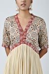 Buy_Sejal Kamdar_Beige Muslin, Silk Zari, Embroidery V-neck Ajrakh Print Yoke Dress _Online_at_Aza_Fashions