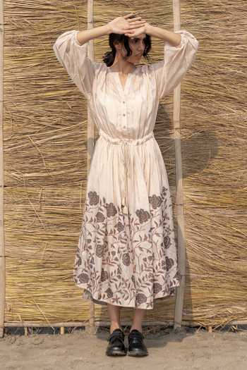 Ayaka_Ivory Cotton, Viscose Embroidery Mandarin Collar Floral Block Print Dress _Online_at_Aza_Fashions