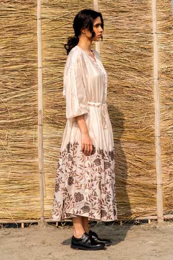 Buy_Ayaka_Ivory Cotton, Viscose Embroidery Mandarin Collar Floral Block Print Dress _Online_at_Aza_Fashions