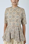 Shop_Sejal Kamdar_Beige Satin Crepe Printed And Hand Embroidered Ajrakh Peplum Jumpsuit  _Online_at_Aza_Fashions
