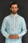 SAMMOHAN CEREMONIAL_Blue Vis Silk And Spun  Lining 100% Applique Work Kurta Set_Online_at_Aza_Fashions