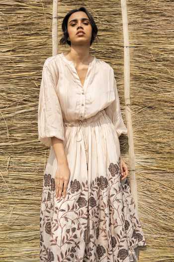 Shop_Ayaka_Ivory Cotton, Viscose Embroidery Mandarin Collar Floral Block Print Dress _Online_at_Aza_Fashions