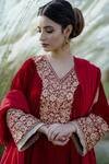 Daljit Sudan_Red Phiran Kurta And Pant Velvet & Dupatta Organza Embroidery Tilla & Aari V Set _Online_at_Aza_Fashions