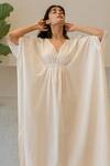 Vanaras_Off White Organic Cotton Stripe V Neck Lyla Flared Kaftan Gown  _Online_at_Aza_Fashions