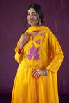 Kacha Tanka Yellow Cotton Satin Applique Floral Round Neck Rose Kurta Set Online at Aza Fashions Kacha Tanka_Yellow Cotton Satin Applique Floral Round Neck Rose Kurta Set _Online_at_Aza_Fashions