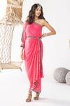 Shop_Chhavvi Aggarwal_Pink Crepe Embroidery Asymmetric Floret Print One Shoulder Draped Dress_Online_at_Aza_Fashions