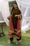 Daljit Sudan_Green Phiran Kurta And Pant Crepe & Dupatta Velvet Stripe Embroidered Set_Online_at_Aza_Fashions