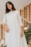 Shop_Vanaras_Off White Cotton Round Neck Perla Pintucked Bodice Dress_Online_at_Aza_Fashions