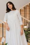 Vanaras_Off White Cotton Round Neck Perla Pintucked Bodice Dress_at_Aza_Fashions