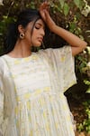 Dhaari_Off White Handwoven Cotton Silk Hand Painted Kantha Round And Pleated Dress _Online_at_Aza_Fashions