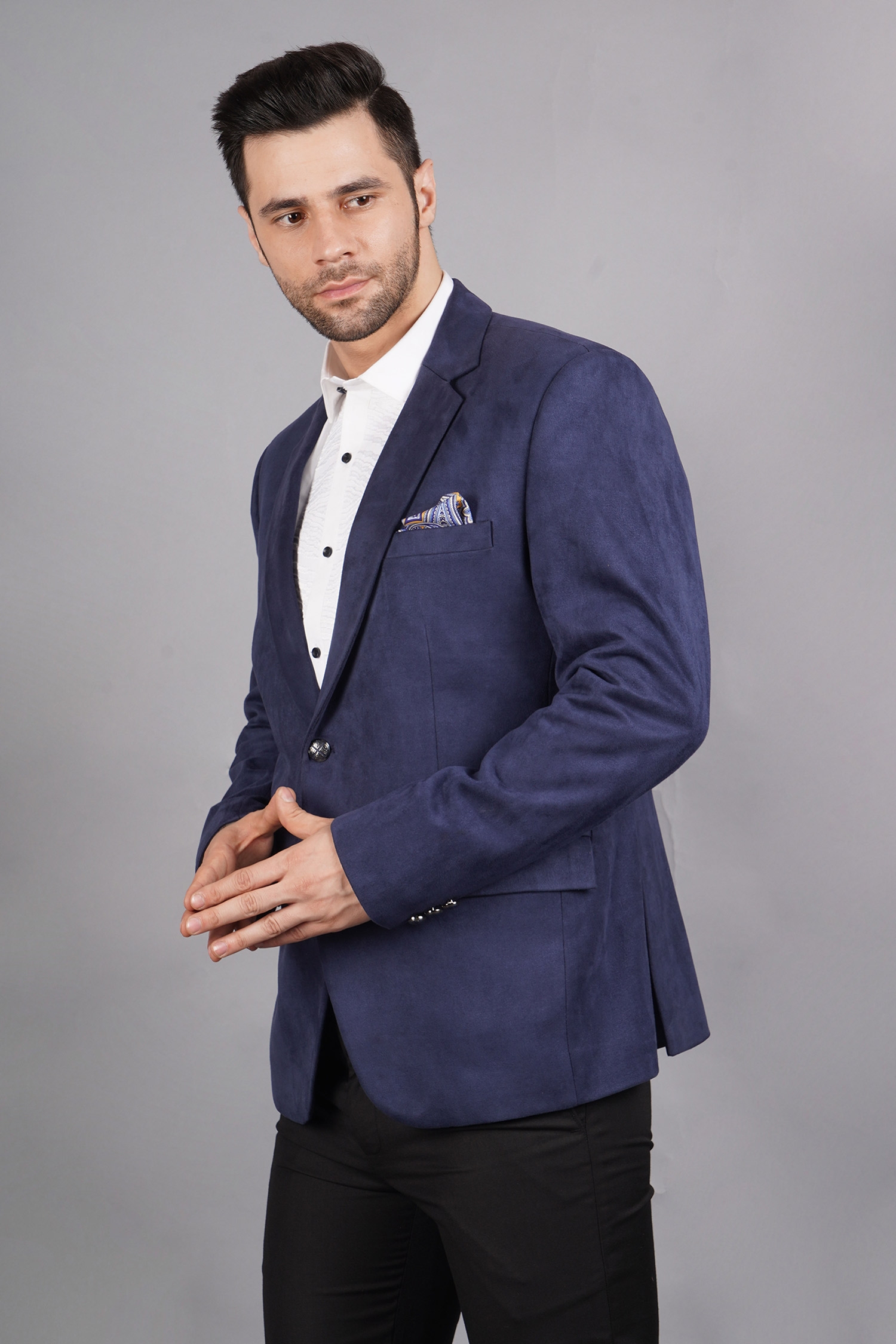 Shop_Soniya G_Blue Wool And Tweed Lapel Collar Blazer For Men_Online_at_Aza_Fashions