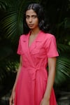 Vanaras_Pink Organic Cotton Notched Lapel Nirjara Wrap Dress  _Online_at_Aza_Fashions