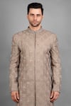 Shop_Soniya G_Brown Handloom Cotton, Silk Embroidery Floral Sherwani Set_Online_at_Aza_Fashions