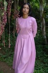 Shop_Vanaras_Purple Organic Cotton Round Milis Box Pleated Dress  _Online_at_Aza_Fashions