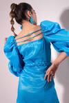 Shop_Sonam Parmar Jhawar_Blue Matte Silk Square Neck Bb Short Dress With Belt _Online_at_Aza_Fashions
