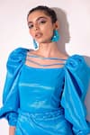 Sonam Parmar Jhawar_Blue Matte Silk Square Neck Bb Short Dress With Belt _at_Aza_Fashions