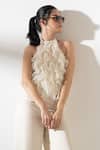 Buy_AMRTA by GUNEET KONDAL_Off White Shell 100% Viscose Georgette Plain Halter Ruffled Top And Pant Set _Online_at_Aza_Fashions
