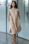Shop_Leh Studios_Beige 100% Rayon Checkered Collared Neck Broken Fence Shirt Dress  _Online_at_Aza_Fashions