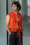 Leh Studios_Orange Viscose Organza Embroidery Silk Thread Collared Tie-up Tee  _Online_at_Aza_Fashions