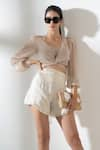 AMRTA by GUNEET KONDAL_Beige Shorts 100% Viscose Satin Organza V Neck Overlay Blouse And Set _Online_at_Aza_Fashions